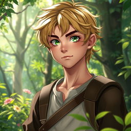 A fantasy book cover featuring a character who is the son of Hermes, aged 17, with captivating green eyes that sparkle with mischief