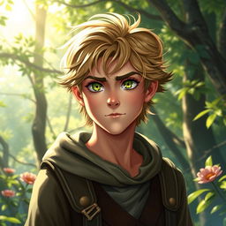 A fantasy book cover featuring a character who is the son of Hermes, aged 17, with captivating green eyes that sparkle with mischief