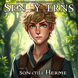 A fantasy book cover featuring a character who is the son of Hermes, aged 17, with captivating green eyes that sparkle with mischief