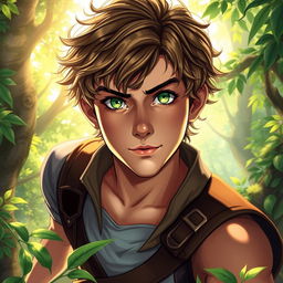 A fantasy book cover featuring a character who is the son of Hermes, aged 17, with striking green eyes that twinkle with mischief