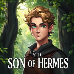 A fantasy book cover featuring a character who is the son of Hermes, aged 17, with striking green eyes that twinkle with mischief