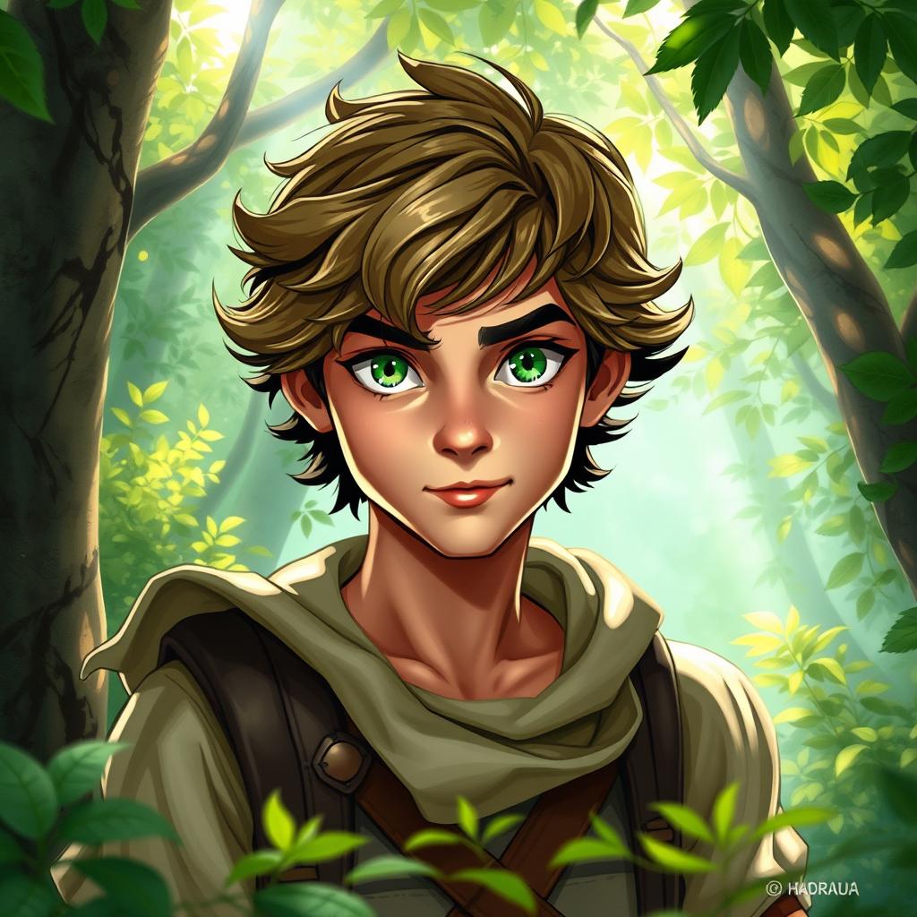 A fantasy book cover featuring a character who is the son of Hermes, aged 17, with striking green eyes that twinkle with mischief