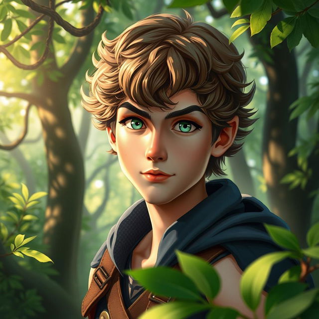 A fantasy book cover featuring a character who is the son of Hermes, aged 17, with striking green eyes that twinkle with mischief