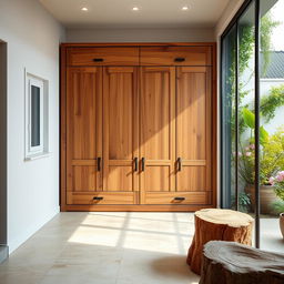 A wall-mounted wooden wardrobe design, measuring 3 meters wide and 2