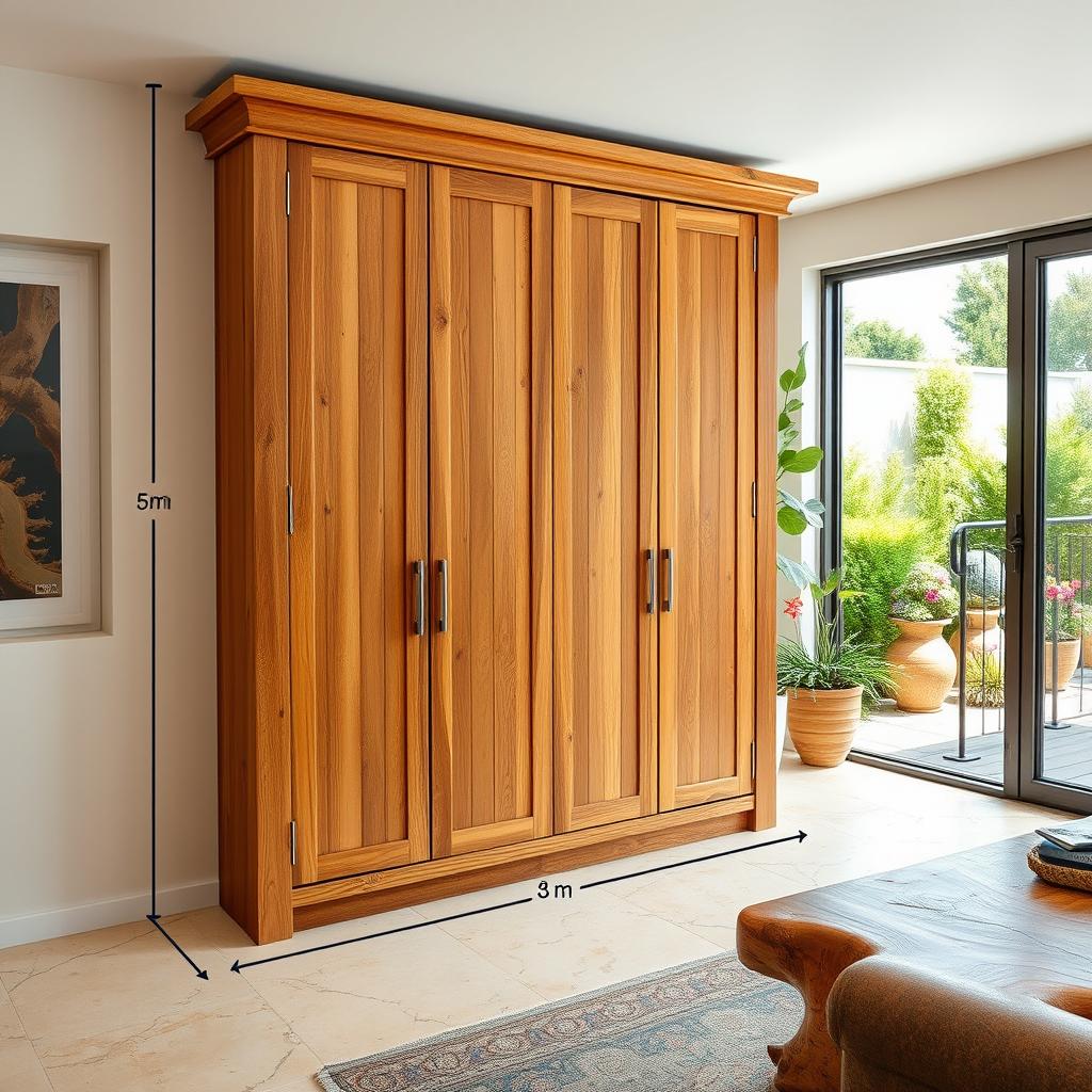 A wall-mounted wooden wardrobe design, measuring 3 meters wide and 2