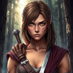 A fantasy book cover depicting a character who is the daughter of Ares, aged 17, with intense brown eyes that reflect her strength and determination