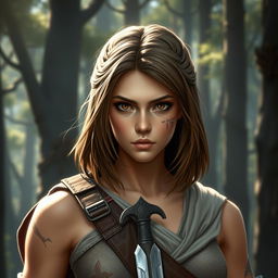 A fantasy book cover depicting a character who is the daughter of Ares, aged 17, with intense brown eyes that reflect her strength and determination