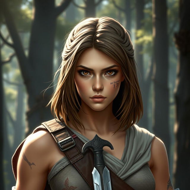 A fantasy book cover depicting a character who is the daughter of Ares, aged 17, with intense brown eyes that reflect her strength and determination