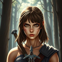 A fantasy book cover depicting a character who is the daughter of Ares, aged 17, with intense brown eyes that reflect her strength and determination