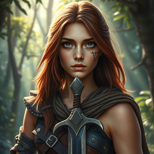 A fantasy book cover showcasing a character who is the daughter of Ares, a strong 17-year-old adolescent