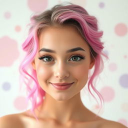 A young woman with vibrant pink hair styled in loose waves, showcasing playful pink and black eyelashes that accentuate her striking eyes