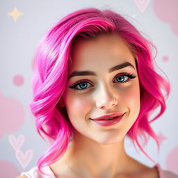 A young woman with vibrant pink hair styled in loose waves, showcasing playful pink and black eyelashes that accentuate her striking eyes