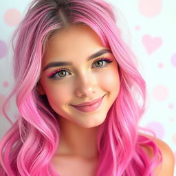 A young woman with vibrant pink hair styled in loose waves, showcasing playful pink and black eyelashes that accentuate her striking eyes