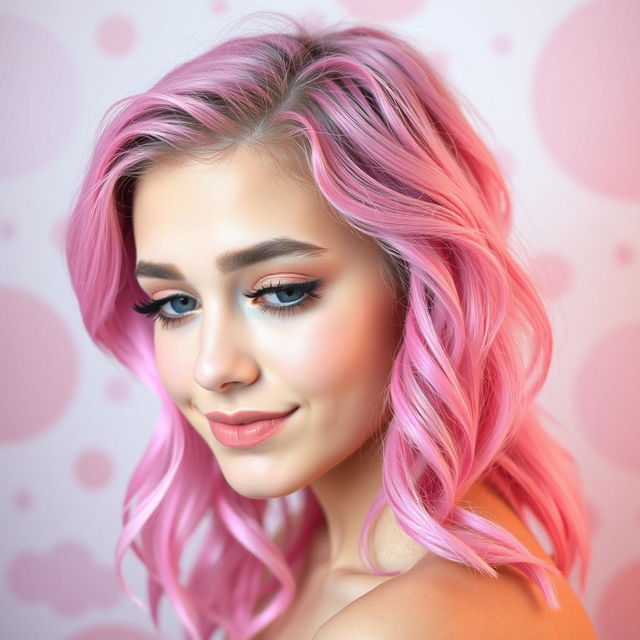 A young woman with vibrant pink hair styled in loose waves, showcasing playful pink and black eyelashes that accentuate her striking eyes