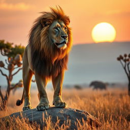 A majestic big lion with a flowing mane, standing proudly on a rocky outcrop in a savannah landscape