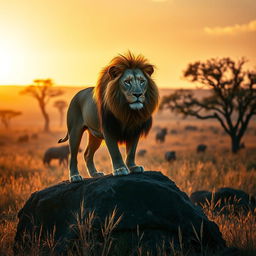 A majestic big lion with a flowing mane, standing proudly on a rocky outcrop in a savannah landscape
