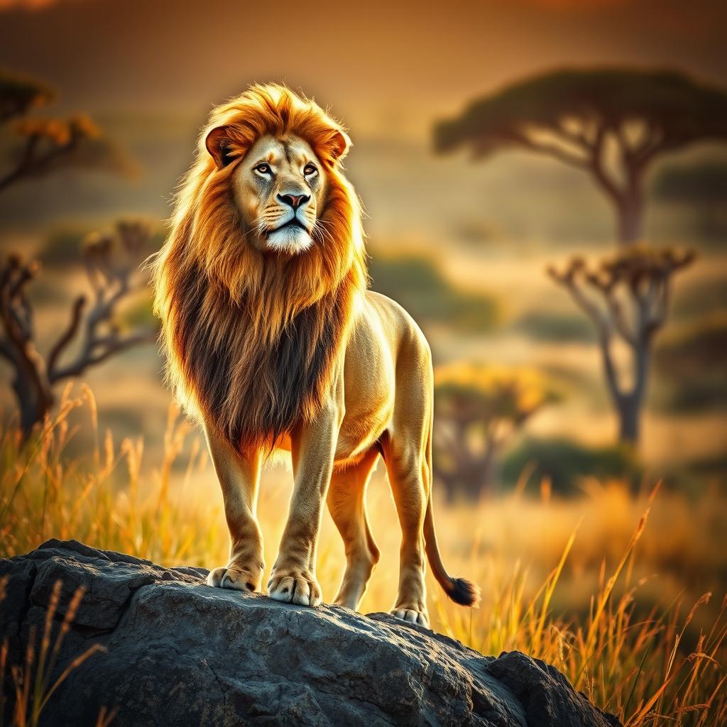 A majestic big lion with a flowing mane, standing proudly on a rocky outcrop in a savannah landscape