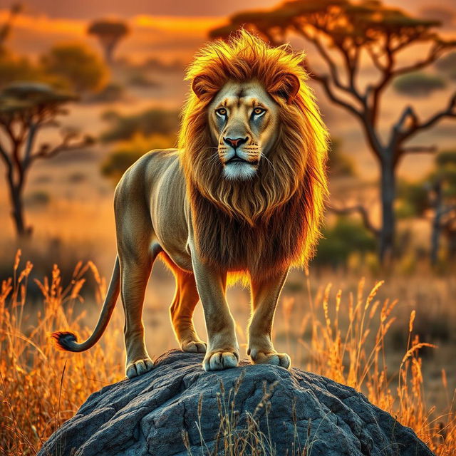 A majestic big lion with a flowing mane, standing proudly on a rocky outcrop in a savannah landscape