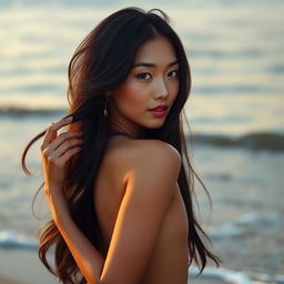 A beautiful Asian woman, gracefully posed in an artistic and tasteful manner, embracing her natural beauty