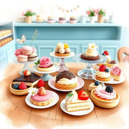 A beautifully arranged dessert display featuring an assortment of delectable treats including colorful macarons, elegant cupcakes, rich chocolate tarts, and fresh fruit pastries