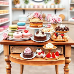 A beautifully arranged dessert display featuring an assortment of delectable treats including colorful macarons, elegant cupcakes, rich chocolate tarts, and fresh fruit pastries
