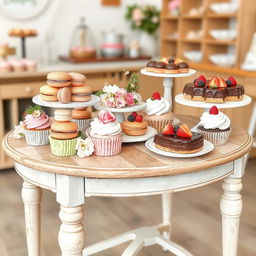 A beautifully arranged dessert display featuring an assortment of delectable treats including colorful macarons, elegant cupcakes, rich chocolate tarts, and fresh fruit pastries