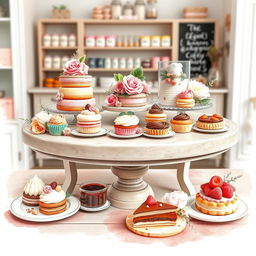A beautifully arranged dessert display featuring an assortment of delectable treats including colorful macarons, elegant cupcakes, rich chocolate tarts, and fresh fruit pastries