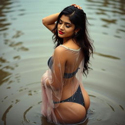 A sensual Indian college girl wearing a bikini bottom and a transparent wet saree, striking a captivating pose for a photoshoot in a dirty pond