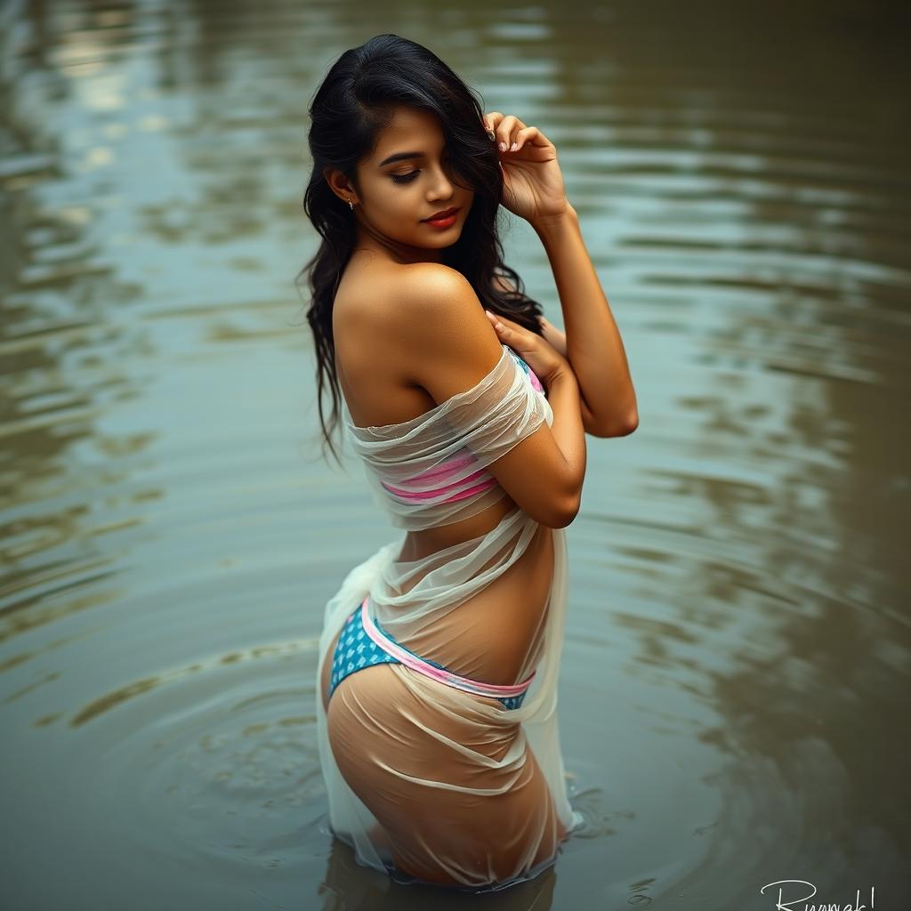 A sensual Indian college girl wearing a bikini bottom and a transparent wet saree, striking a captivating pose for a photoshoot in a dirty pond