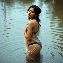 A sensual Indian college girl wearing a bikini bottom and a transparent wet saree, striking a captivating pose for a photoshoot in a dirty pond