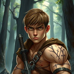 A fantasy book cover featuring a character who is the son of Ares, a muscular yet not overly exaggerated 17-year-old adolescent