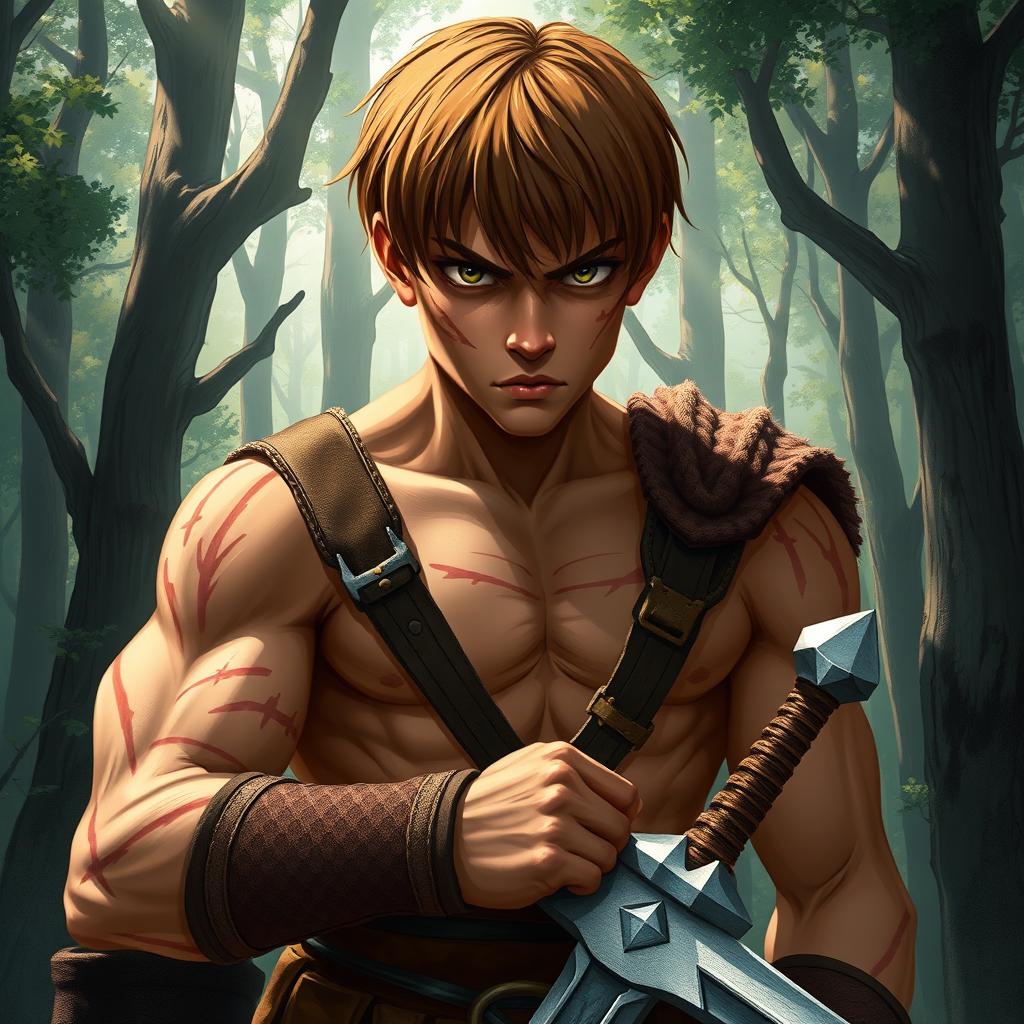 A fantasy book cover featuring a character who is the son of Ares, a muscular yet not overly exaggerated 17-year-old adolescent