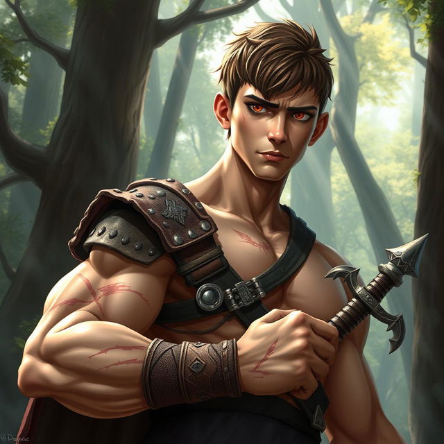 A fantasy book cover featuring a character who is the son of Ares, a muscular yet not overly exaggerated 17-year-old adolescent