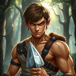 A fantasy book cover featuring a character who is the son of Ares, a muscular yet not overly exaggerated 17-year-old adolescent