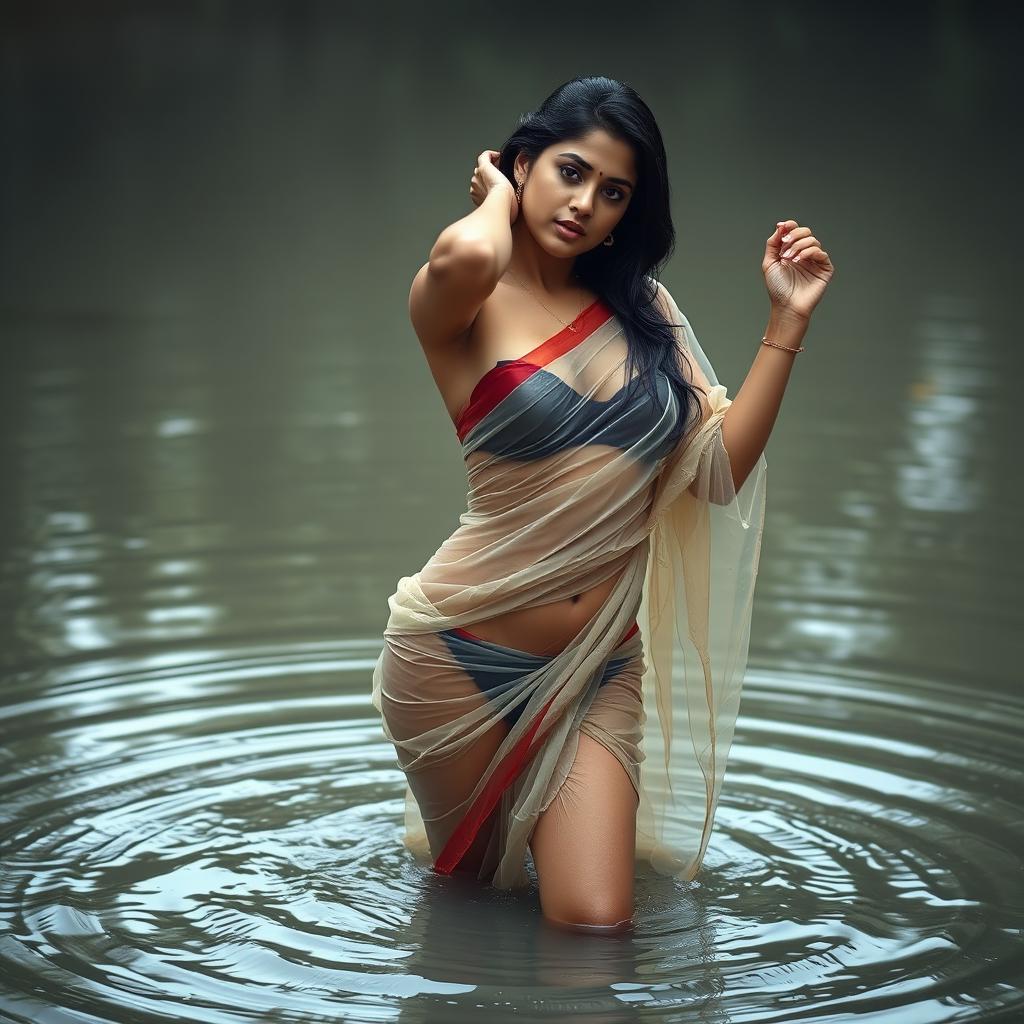 A sensual Indian college girl wearing a bikini bottom and a transparent wet saree, posing for a striking photoshoot in a dirty pond