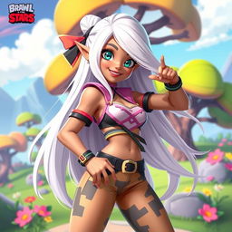 A girl with beautiful tan skin and long flowing white hair, styled in a dynamic and playful pose, inspired by the art style of Brawl Stars