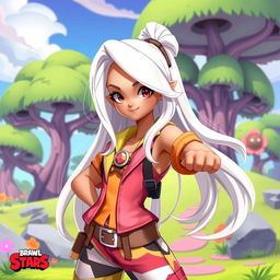 A girl with beautiful tan skin and long flowing white hair, styled in a dynamic and playful pose, inspired by the art style of Brawl Stars