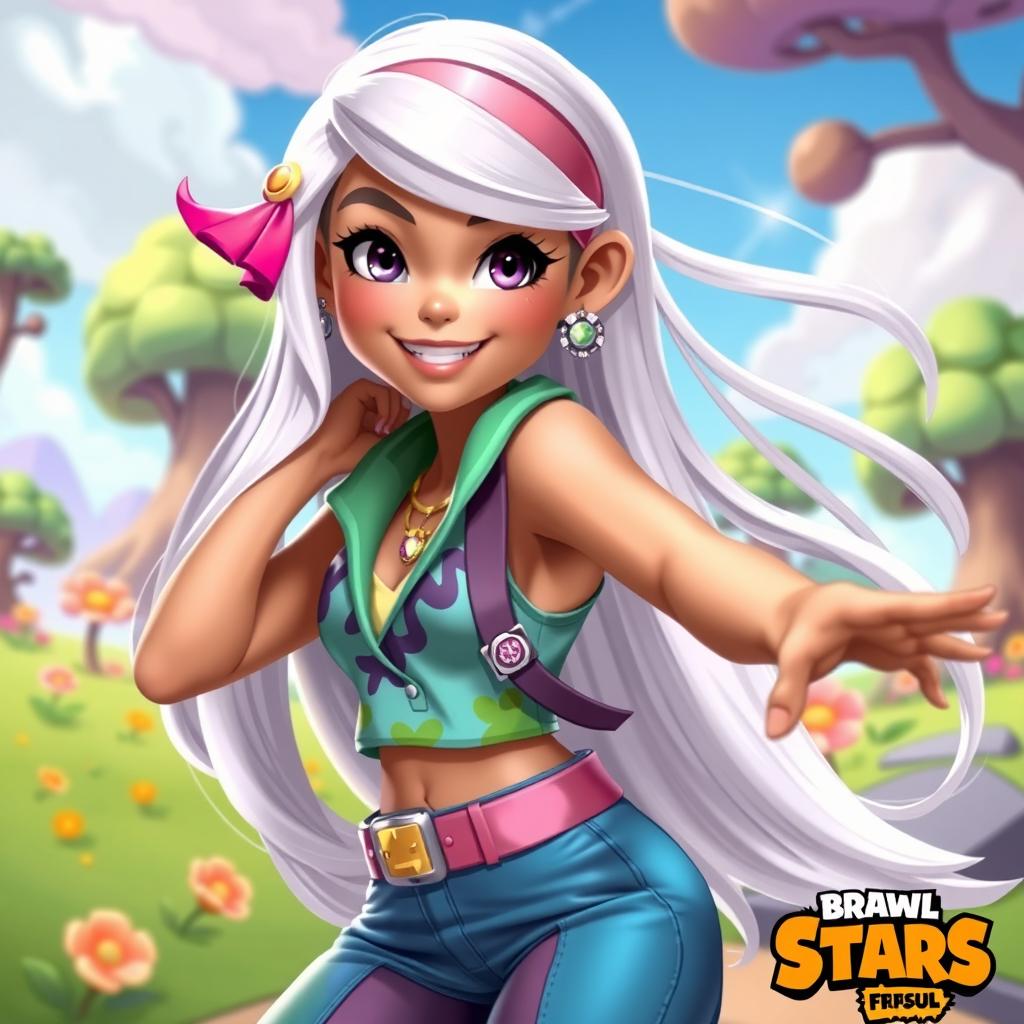 A girl with beautiful tan skin and long flowing white hair, styled in a dynamic and playful pose, inspired by the art style of Brawl Stars