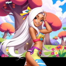 A girl with beautiful tan skin and long flowing white hair, styled in a dynamic and playful pose, inspired by the art style of Brawl Stars