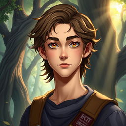 A fantasy book cover featuring a character who is the son of Hephaestus, a slender 17-year-old adolescent