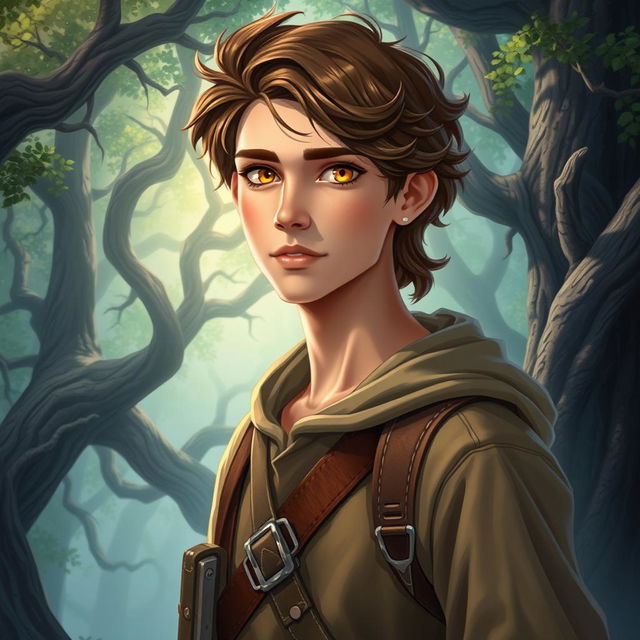 A fantasy book cover featuring a character who is the son of Hephaestus, a slender 17-year-old adolescent