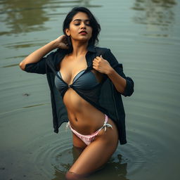 A sensual Indian fresher girl wearing a bikini bottom, gracefully removing her transparent shirt as she poses for a striking photoshoot in a dirty pond