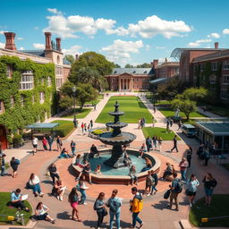 A vibrant university campus scene during a sunny day, showcasing diverse students engaged in various activities such as studying under a tree, participating in a lively discussion, and strolling along picturesque pathways