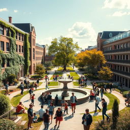 A vibrant university campus scene during a sunny day, showcasing diverse students engaged in various activities such as studying under a tree, participating in a lively discussion, and strolling along picturesque pathways