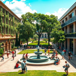 A vibrant university campus scene during a sunny day, showcasing diverse students engaged in various activities such as studying under a tree, participating in a lively discussion, and strolling along picturesque pathways