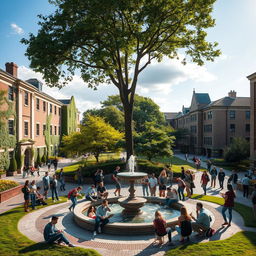 A vibrant university campus scene during a sunny day, showcasing diverse students engaged in various activities such as studying under a tree, participating in a lively discussion, and strolling along picturesque pathways