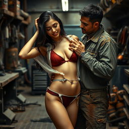 A sensual scene featuring an Indian college girl wearing a bikini bottom, playfully removing her transparent shirt