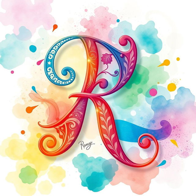 An artistic representation of the letter 'R', designed with intricate patterns and vibrant colors, surrounded by a dreamy, abstract background