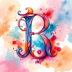 An artistic representation of the letter 'R', designed with intricate patterns and vibrant colors, surrounded by a dreamy, abstract background