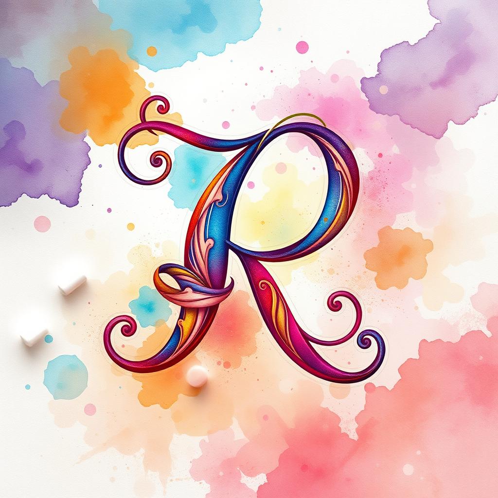 An artistic representation of the letter 'R', designed with intricate patterns and vibrant colors, surrounded by a dreamy, abstract background